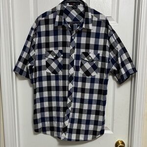 Men's Black and Navy Plaid Button-Down Shirt